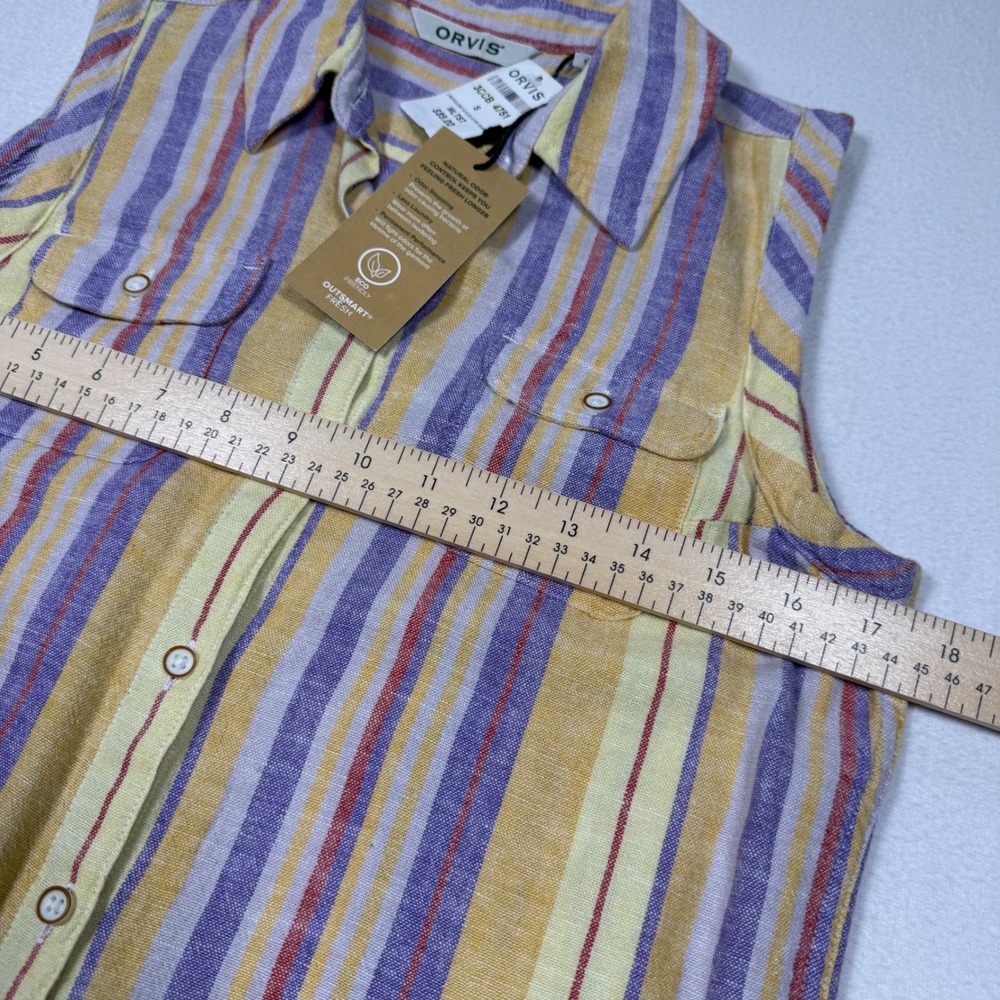 Orvis Womens Linen Blend Sleeveless Striped Shirt Yellow Purple OutSmart Fresh S - Picture 5 of 7